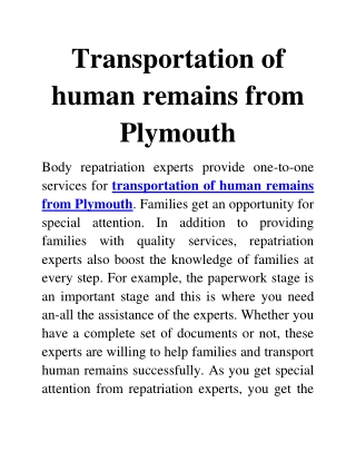 transportation of human remains from Plymouth