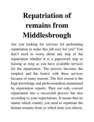 repatriation of remains from Middlesbrough