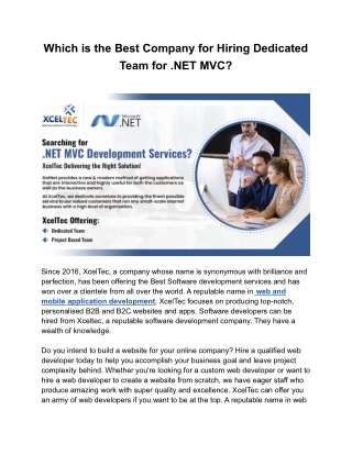 Best Company for Hiring Dot NET MVC Dedicated Team | XcelTec