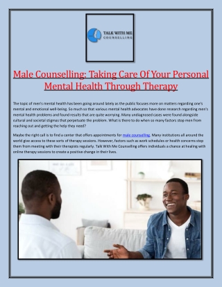Male Counselling Taking Care Of Your Personal Mental Health Through Therapy
