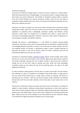 Investment Casting 101
