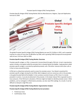 Prostate Specific Antigen Report 2022 Market SWOT Analysis, Key Indicators