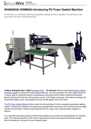 SHANGHAI WINMAN Introducing PU Foam Gasket Machine
