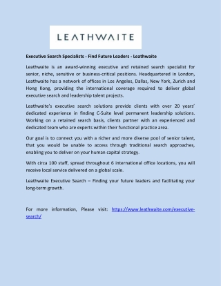 Leathwaite, a leading executive recruiting firm in the United Kingdom, provides
