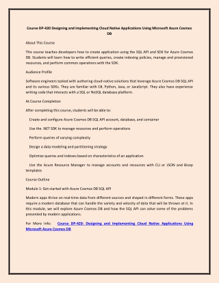 Course DP-420 Designing and Implementing Cloud Native Applications Using Microsoft Azure Cosmos DB