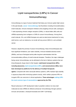 Lipid nanoparticles (LNPs) In Cancer Immunotherapy