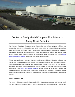 Contact a Design-Build Company like Primus to Enjoy These Benefits