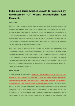 INDIA COLD CHAIN MARKET GROWTH IS PROPELLED BY ADVANCEMENT OF RECENT TECHNOLOGIES