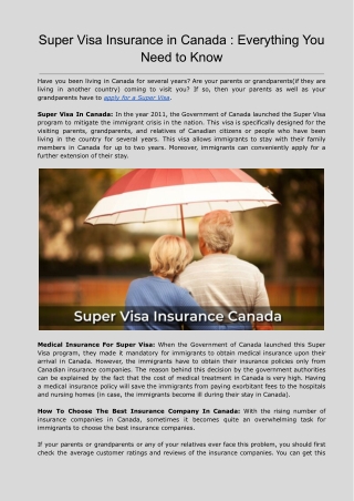Super Visa Insurance In Canada: Everything You Need To Know