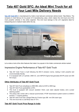 Tata 407 Gold SFC_ An Ideal Mini Truck for all Your Last Mile Delivery Needs