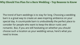 Why Should You Plan for a Barn Wedding – Top Reasons to Know