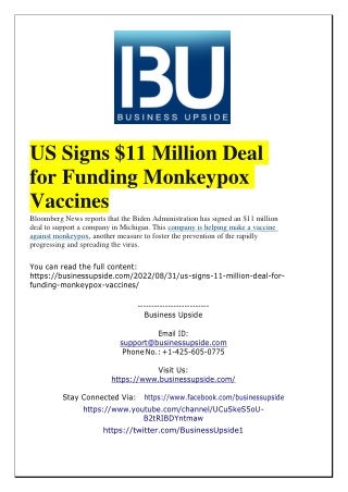 US Signs 11 Million Deal for Funding Monkeypox Vaccines