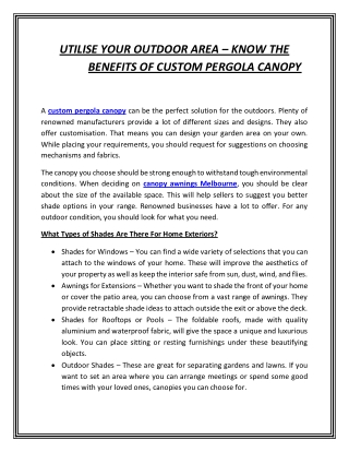 UTILISE YOUR OUTDOOR AREA – KNOW THE BENEFITS OF CUSTOM PERGOLA CANOPY