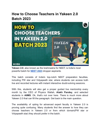 How to Choose Teachers in Yakeen 2.0 Batch 2023 Physics Wallah