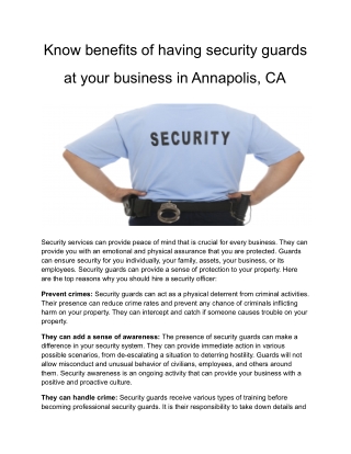 Know benefits of having security guards at your business in Annapolis, CA