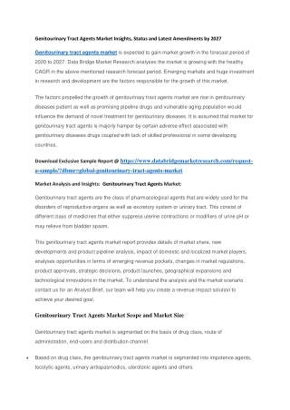 Genitourinary Tract Agents Market Insights, Status and Latest Amendments by 2027