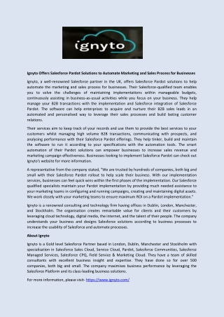 Ignyto Offers Salesforce Pardot Solutions to Automate Marketing and Sales Process for Businesses