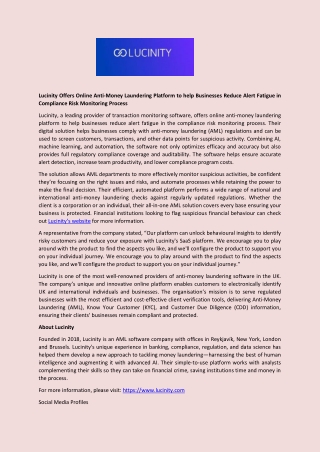 Lucinity Offers Online Anti-Money Laundering Platform to help Businesses Reduce Alert Fatigue in Compliance Risk Monitor