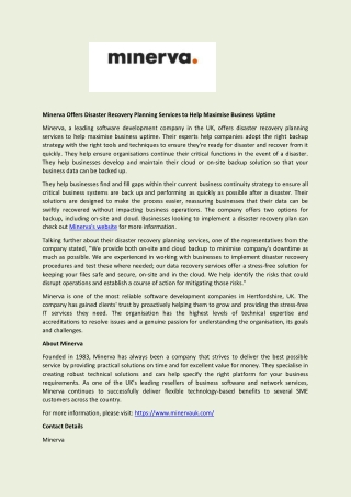 Minerva Offers Disaster Recovery Planning Services to Help Maximise Business Uptime