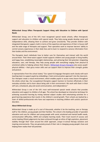 Witherslack Group Offers Therapeutic Support Along with Education to Children with Special Needs