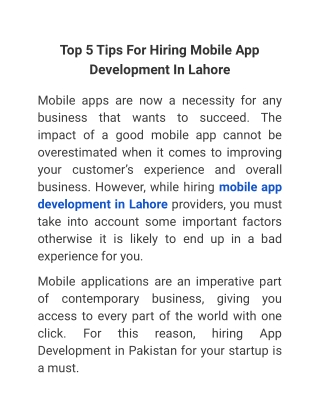 Top 5 Tips For Hiring Mobile App Development In Lahore