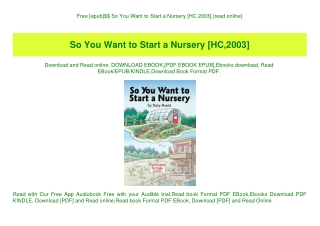 Free [epub]$$ So You Want to Start a Nursery [HC 2003] {read online}