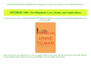 [PDF] DOWNLOAD READ MOTHERCARE On Obligation  Love  Death  and Ambivalence #P.D.F. FREE DOWNLOAD^