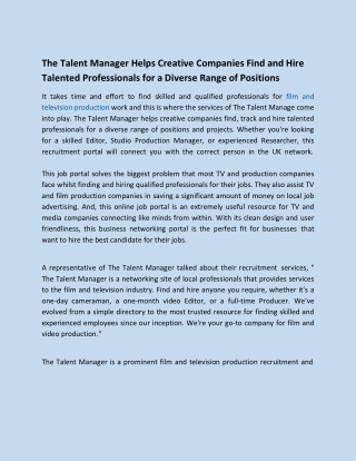 Film and Television Production jobs - The Talent Manager