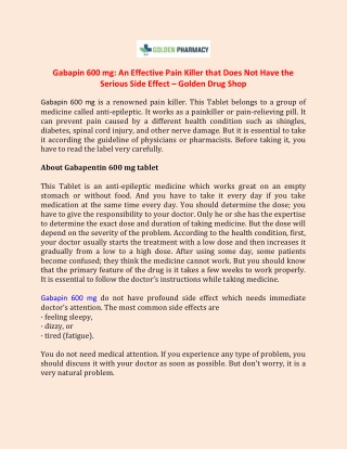 Gabapin 600 mg An Effective Pain Killer that Does Not Have the Serious Side Effect – Golden Drug Shop