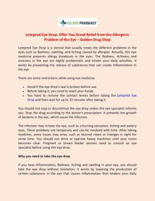 Lotepred Eye Drop Offer You Great Relief from the Allergenic Problem of the Eye – Golden Drug Shop