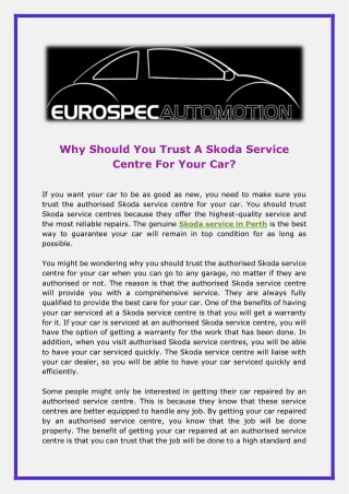 Why Should You Trust A Skoda Service Centre For Your Car