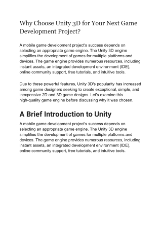 Why Choose Unity 3D for Your Next Game Development Project
