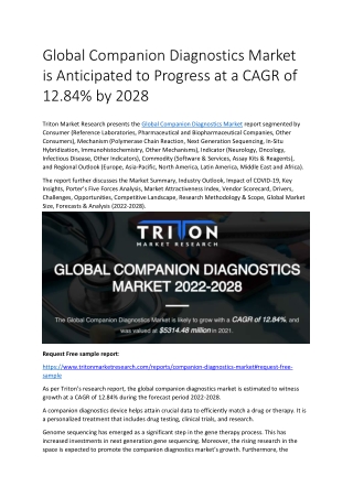 Global Companion Diagnostics Market is Anticipated to Progress at a CAGR of 12.8