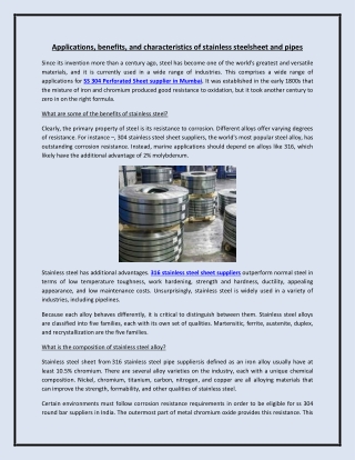 Applications, benefits, and characteristics of stainless steelsheet and pipes