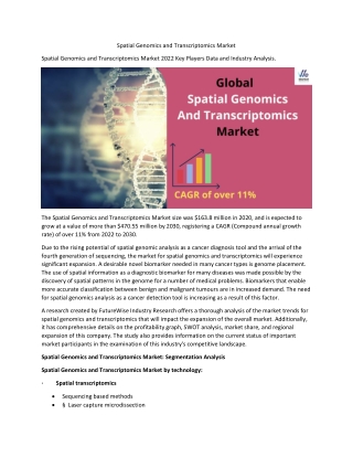 Spatial Genomics and Transcriptomics Market Size, Business Growth 2022 to 2030