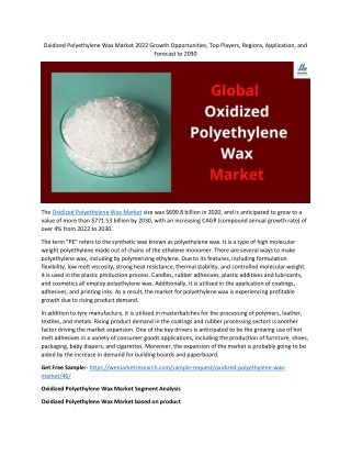 Oxidized Polyethylene Wax Market 2022 Growth Opportunities
