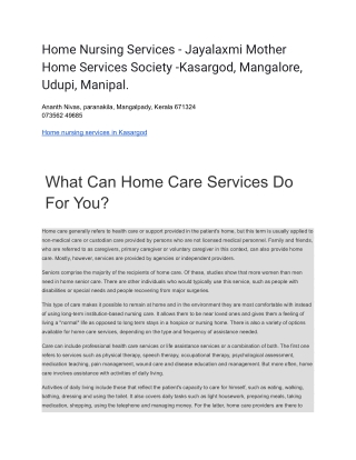 Home Nursing Services - Jayalaxmi Mother Home Services Society -Kasargod, Mangalore, Udupi, Manipal