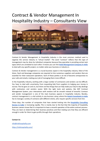 Contract & Vendor Management In Hospitality Industry – Consultants View