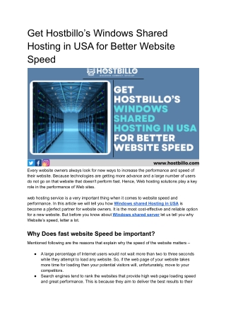 Get Hostbillo’s Windows Shared Hosting in USA for Better Website Speed
