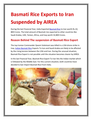 Basmati Rice Exports to Iran Suspended by AIREA