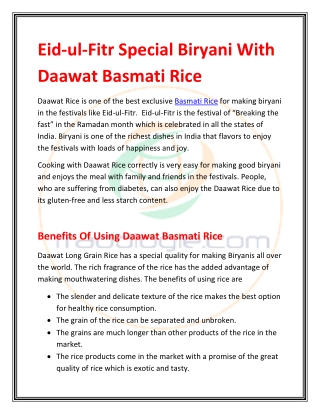 Eid-ul-Fitr Special Biryani With Daawat Basmati Rice