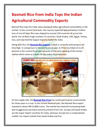 Basmati Rice from India Tops the Indian Agricultural Commodity Exports