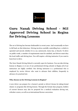 Guru Nanak Driving School - SGI Approved Driving School in Regina for Driving Lessons