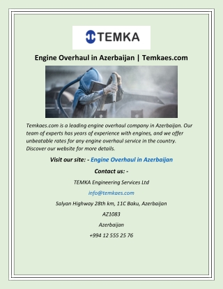 Engine Overhaul in Azerbaijan | Temkaes.com