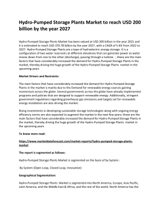 Hydro-Pumped Storage Plants Market