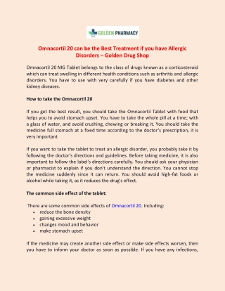 Omnacortil 20 can be the Best Treatment if you have Allergic Disorders – Golden Drug Shop