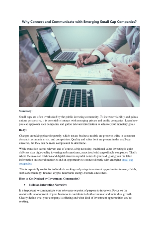 Why Connect and Communicate with Emerging Small Cap Companies