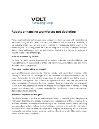 Robots Enhancing Workforces Not Depleting - Volt Consulting Group
