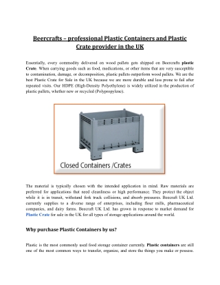 Beercrafts – professional Plastic Containers and Plastic Crate provider in the UK.
