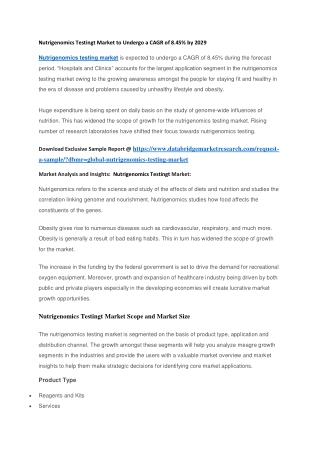 Nutrigenomics Testingt Market to Undergo a CAGR of 8.45 by 2029